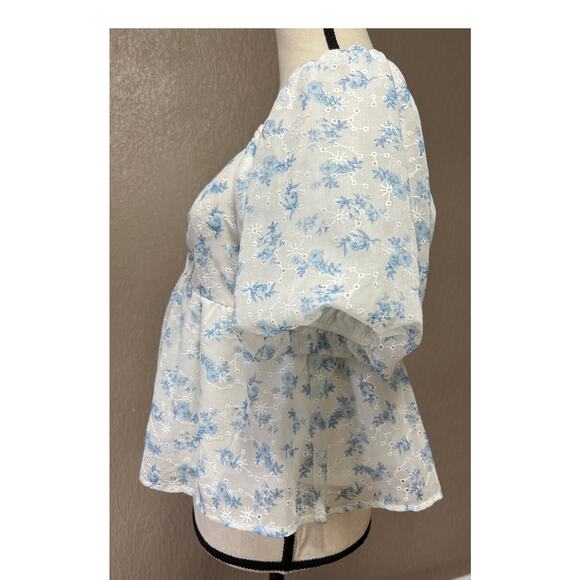 Altar 'D State Women's Embroidered Floral Top Crop Smocked Balloon Sleeve Large - Picture 3 of 16